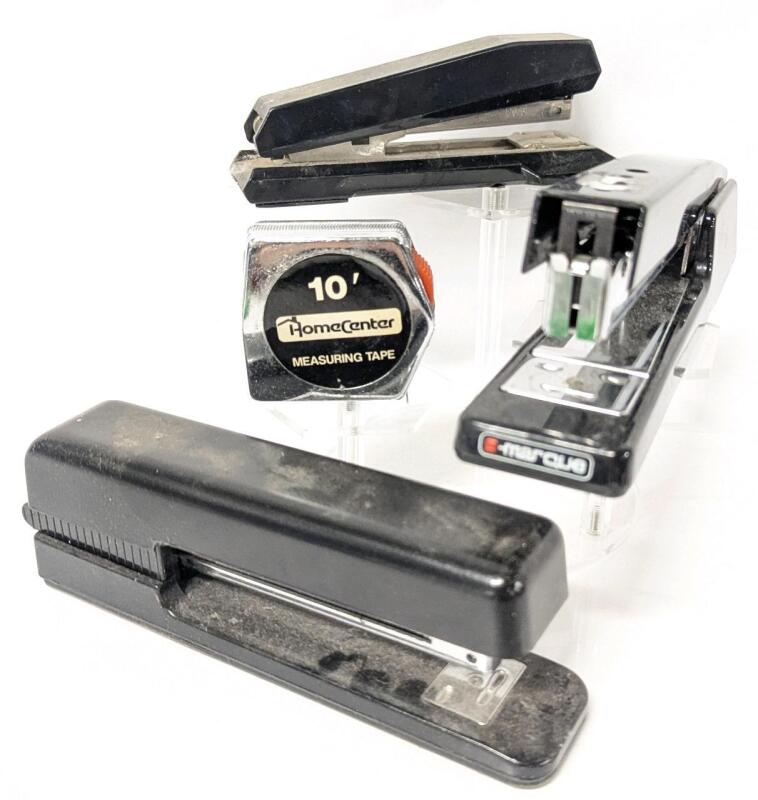 3 Vintage Staplers (Apsco 72R, Stanley B200 + S-Marque Missing Front) + 10' Measuring Tape