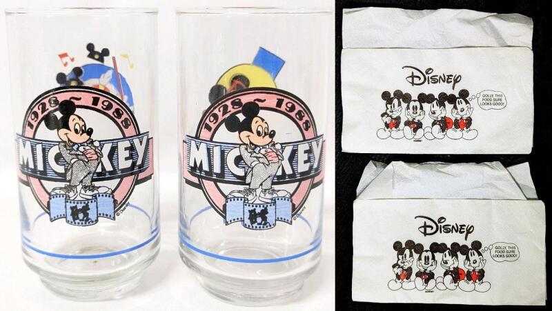 Pair of Vintage 1988 Disney MICKEY MOUSE Sunoco Collectable Glasses & 2 Vintage Paper Napkins, Small Chip in Rim of 1 Glass