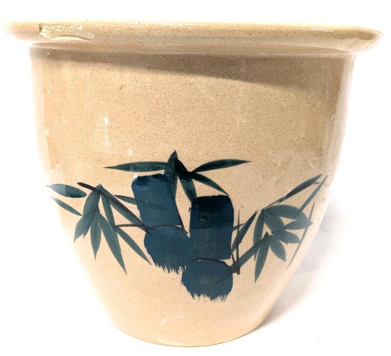Large Vintage Stoneware Plant Pot With Painted Bamboo Leaves & Drainage Holes in Bottom, Note: Chip in Rim