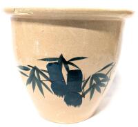 Large Vintage Stoneware Plant Pot With Painted Bamboo Leaves & Drainage Holes in Bottom, Note: Chip in Rim