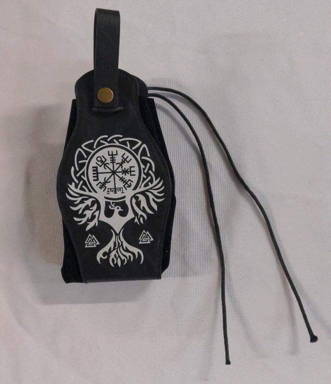 Black Faux Leather Medieval-style drawstring belt pouch with a Viking compass and Yggdrasil-like tree design