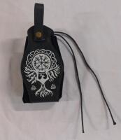 Black Faux Leather Medieval-style drawstring belt pouch with a Viking compass and Yggdrasil-like tree design