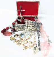 Vintage Jewelry Box Made in Japan with Contents incl Sterling Stamped 925 Chain with Bird Pendant & Stamped RG Rolled Gold Locket, 4 Pairs Clip-On Earrings, Crucifixes +