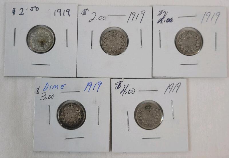 Five (5) 1919 Canadian Silver 10 Cent Dimes .