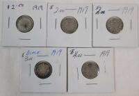 Five (5) 1919 Canadian Silver 10 Cent Dimes .