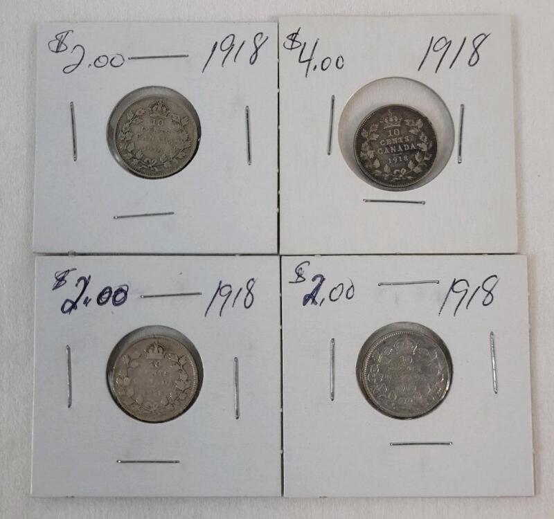 Four (4) 1919 Canadian Silver 10 Cent Dimes .