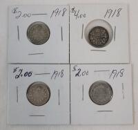 Four (4) 1919 Canadian Silver 10 Cent Dimes .