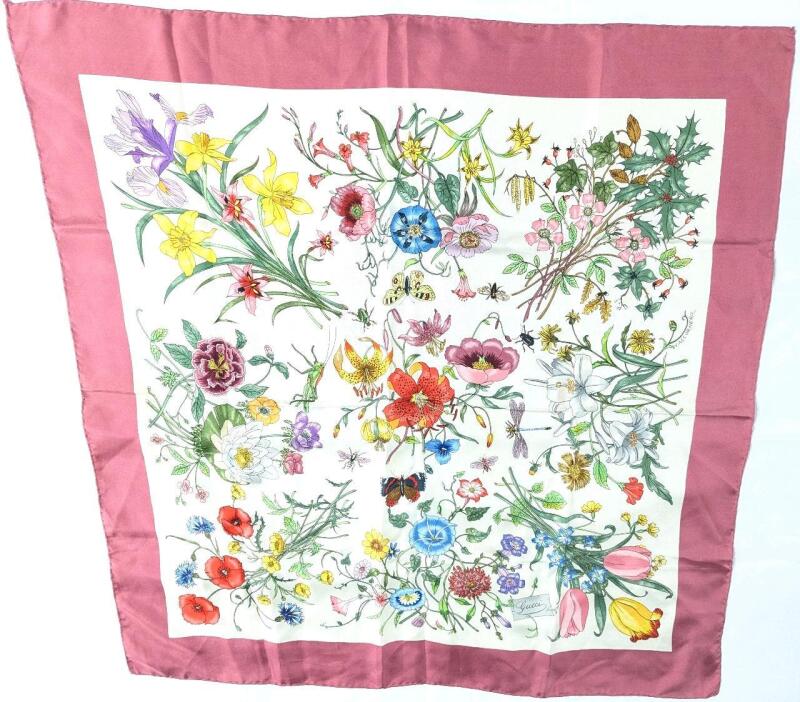 Vintage 60s GUCCI V. Accornero Scarf Silk Print Garden Flora & Insects, 32.5" &times; 34" Note: Pinkish Discoloration in Spots (Pictured)