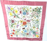 Vintage 60s GUCCI V. Accornero Scarf Silk Print Garden Flora & Insects, 32.5" &times; 34" Note: Pinkish Discoloration in Spots (Pictured)