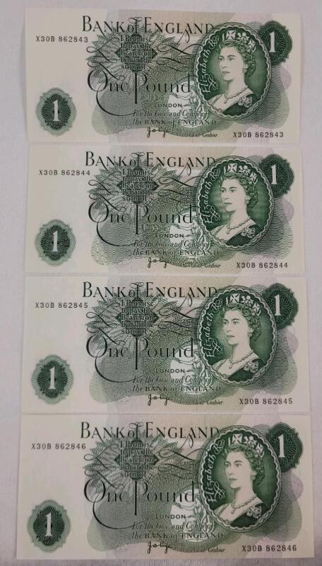 1970 Bank of England One Pound Bank Notes w/Consecutive Serial Numbers , Appears Uncirculated w/No Bends or Folds . Four (4) Bank Notes