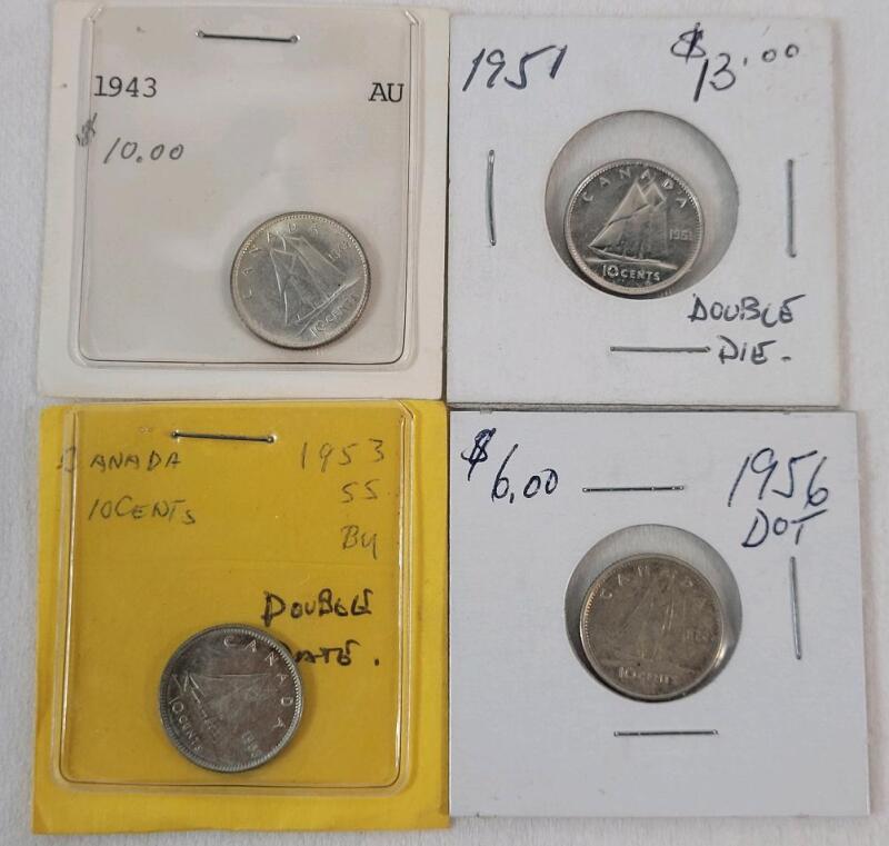 1943 - 1956 Canadian Silver 10 Cent Dimes . 1943 , 1951 , 1953 & 1956 . Four (4) Coins .