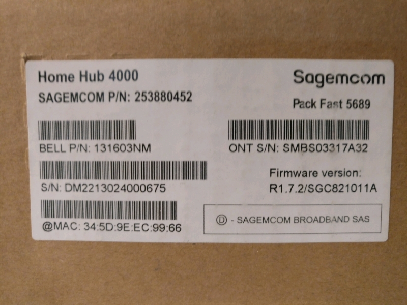 New Sagemcom Bell Home Hub 4000 Modem