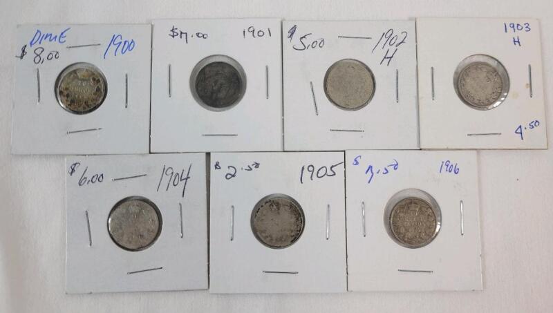 1900 - 1906 Canadian Silver 10 Cent Dimes , Consecutive Years . 1900 , 1901 , 1902-H , 1903-H , 1904 , 1905 & 1906
