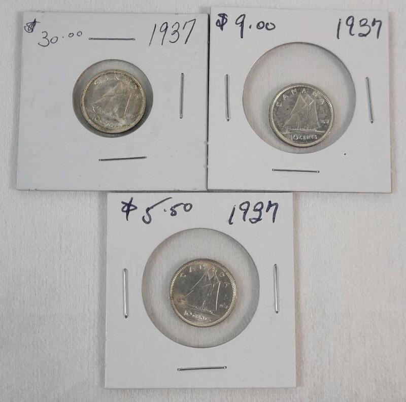 Three (3) 1937 Canadian Silver 5 Cent Nickels . 1st. Year with Bluenose