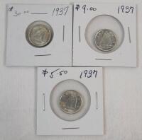 Three (3) 1937 Canadian Silver 5 Cent Nickels . 1st. Year with Bluenose