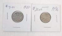 1931 & 1936 Canadian Silver 10 Cent Dimes .