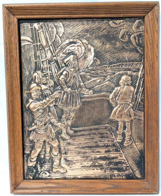 Vintage Framed HOUSE OF GRAHAM Canadian Handicraft Hammered High-Relief Presumed Copper Ship & Sailors Art, 16" &times; 20"
