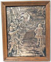 Vintage Framed HOUSE OF GRAHAM Canadian Handicraft Hammered High-Relief Presumed Copper Ship & Sailors Art, 16" &times; 20"