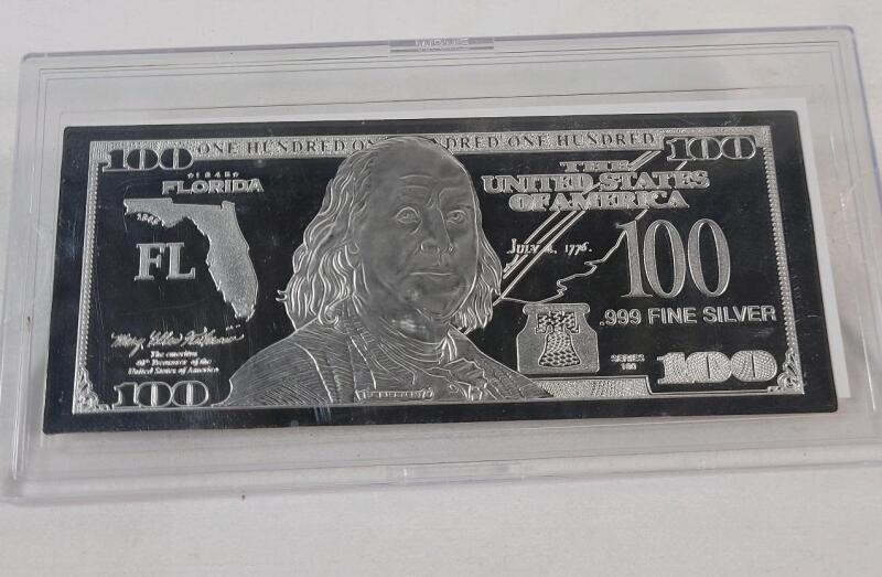 2017 Florida .999 Fine Silver State Silver 100's Franklin 100 Dollar Bank Note in Sealed Case
