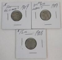 1908 & 1909 Canadian Silver 10 Cent Dimes . 1908 &times;1 & 1909 &times;2 , Three (3) Coins