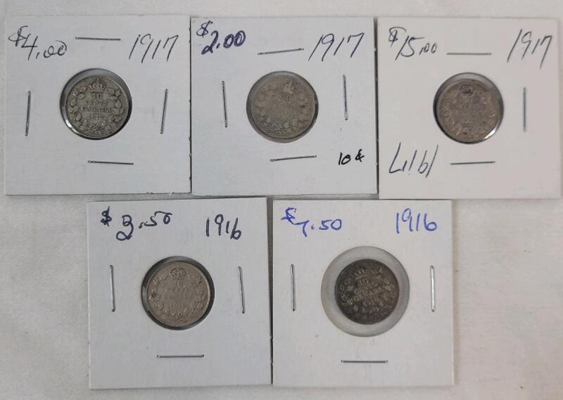 1916 & 1917 Canadian Silver 10 Cent Dimes . 1916 &times;2 & 1917 &times;3 , Five (5) Coins