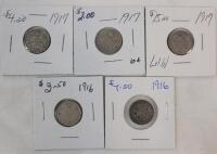 1916 & 1917 Canadian Silver 10 Cent Dimes . 1916 &times;2 & 1917 &times;3 , Five (5) Coins
