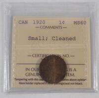 1920 Canadian Small One Cent Penny . ICCS Graded MS 60