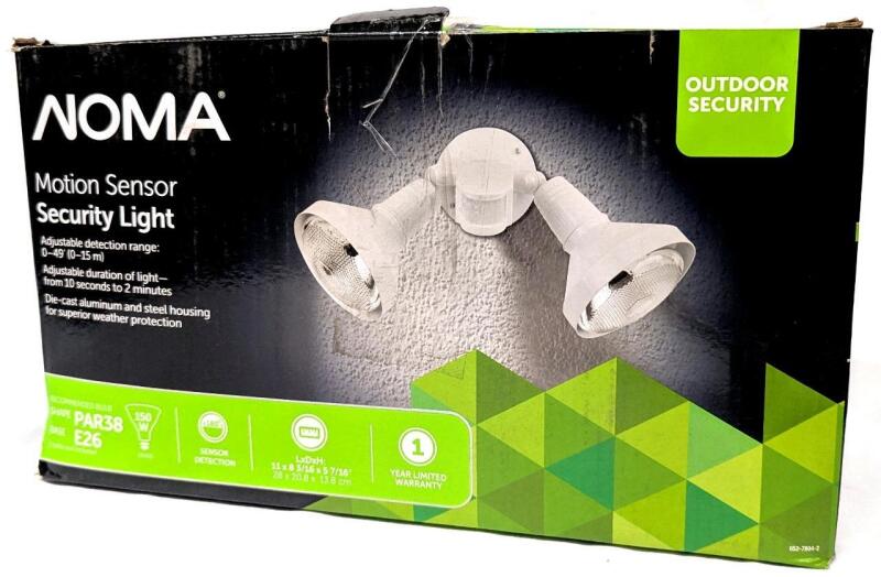 As-New NOMA 180 Degree Outdoor Motion Sensor Security Light, Shape: PAR38, Base: E26, Requires 2&times; 150W Bulbs (Not Included) [48 Hour R&T Warranty, See Description] Retails $52.99