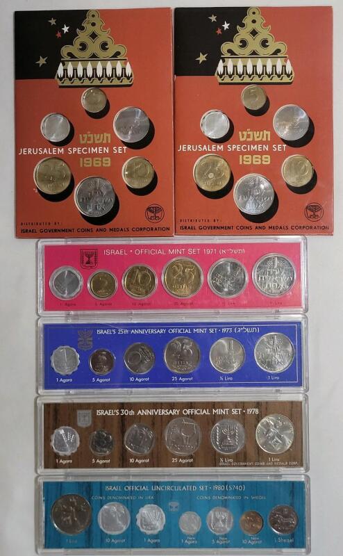 1969 - 1980 Israel Uncirculated Coin Sets . 1969 &times;2 , 1971 , 1973 , 1978 & 1980
