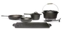 Nee - Woods 6pc. Heritage Cast Iron Non-Stick Camping Cook Set w/Wood Crate . Retail $230 . Lid has come off wood crate
