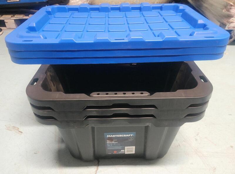 Three (3) New Mastercraft Heavy Duty Stackable Storage Box with Lid, 70-L, Black/Blue . 400lb max. load . Retail $66