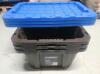 Three (3) New Mastercraft Heavy Duty Stackable Storage Box with Lid, 70-L, Black/Blue . 400lb max. load . Retail $66