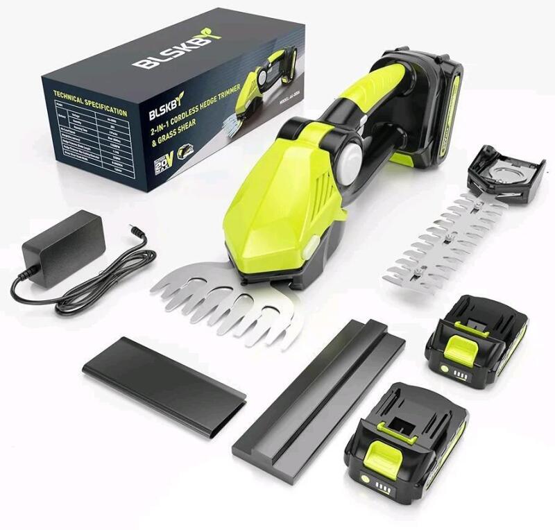 New - Blskb 2-in-1 Cordless Hedge Trimmer w/Two (2) 20v Batteries & Fast Charger 2 in 1 Grass Trimmer & Bush Trimmer Battery Powered . Retail $80
