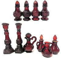 Vintage AVON Cape Cod Ruby Red Glass Candlesticks, Cruets & Salt + Pepper Shakers, 3.5" - 8.5" Tall