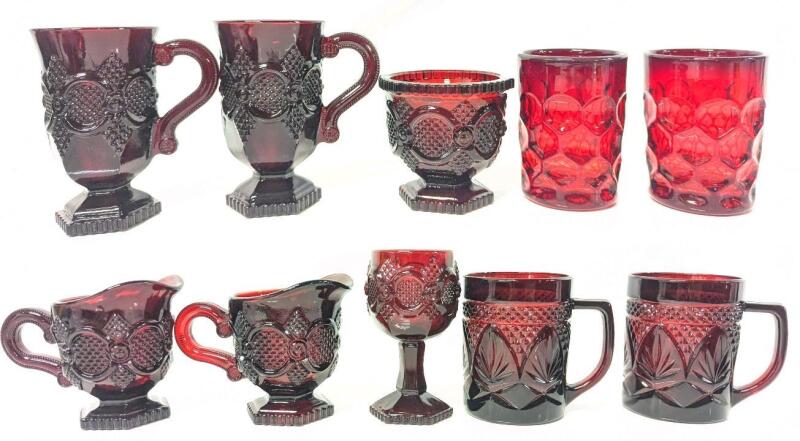 10 Vintage AVON + Other Ruby Red Glass Cape Cod Cups, Glasses, Mugs, Creamers & Small Chalice +, 3.25" - 5" Tall