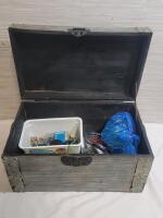Small Wooden Chest w/Picture Wire , Safety Goggles , Nails , Screws plus more . Chest measures 15"&times;8"&times;9"