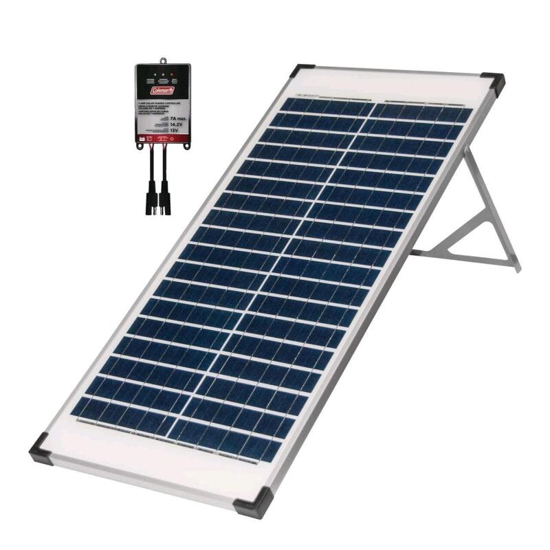 As New Coleman 40 Watt, 12V Portable Folding Solar Panel with Stand includes 7A Charge Controller. Retails For 200
