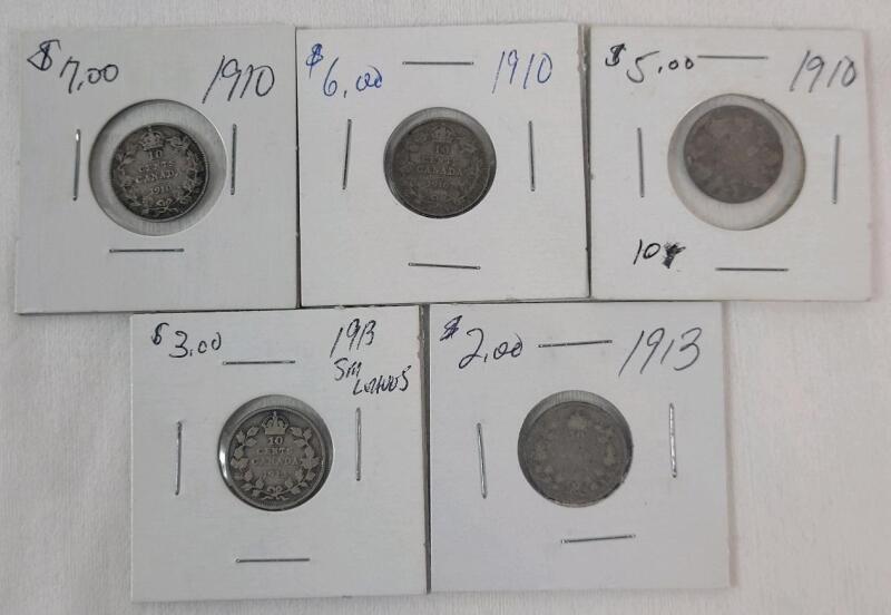 1910 & 1913 Canadian Silver 10 Cent Dimes . 1910 &times;3 & 1913 &times;2