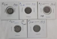 1910 & 1913 Canadian Silver 10 Cent Dimes . 1910 &times;3 & 1913 &times;2