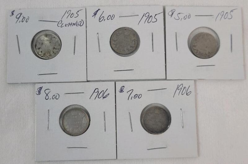 1905 & 1906 Canadian Silver 10 Cent Dimes . 1905 &times;3 & 1906 &times;2