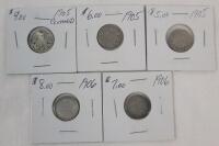 1905 & 1906 Canadian Silver 10 Cent Dimes . 1905 &times;3 & 1906 &times;2