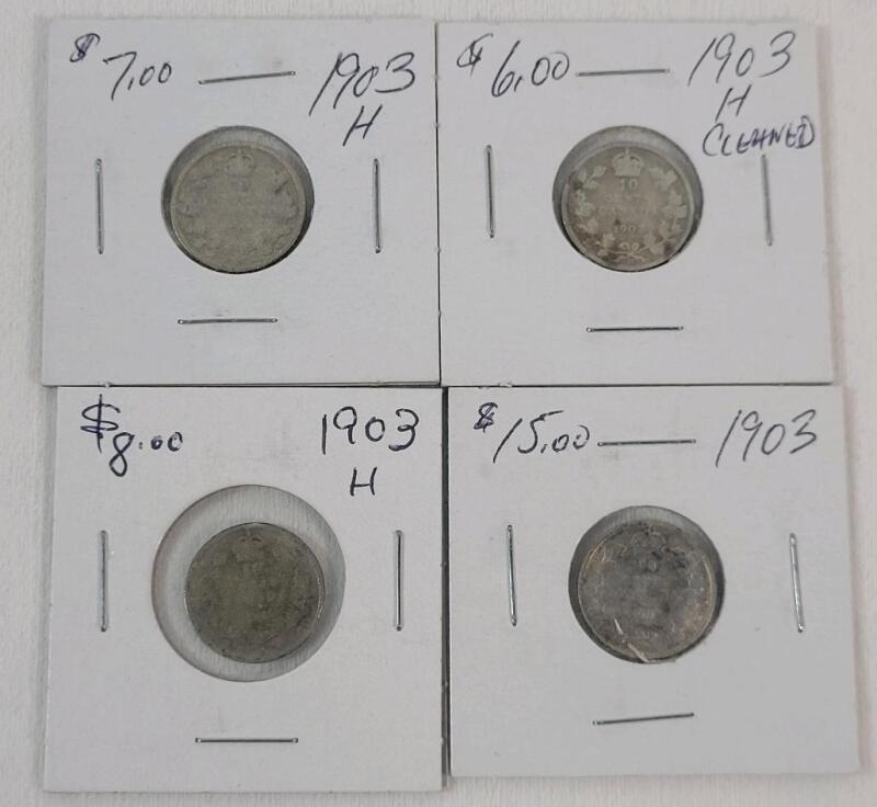 Four (4) 1903 Canadian Silver 10 Cent Dimes . Three (3) 1903-H Dimes & One (1) 1903 Dime