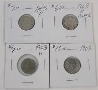 Four (4) 1903 Canadian Silver 10 Cent Dimes . Three (3) 1903-H Dimes & One (1) 1903 Dime