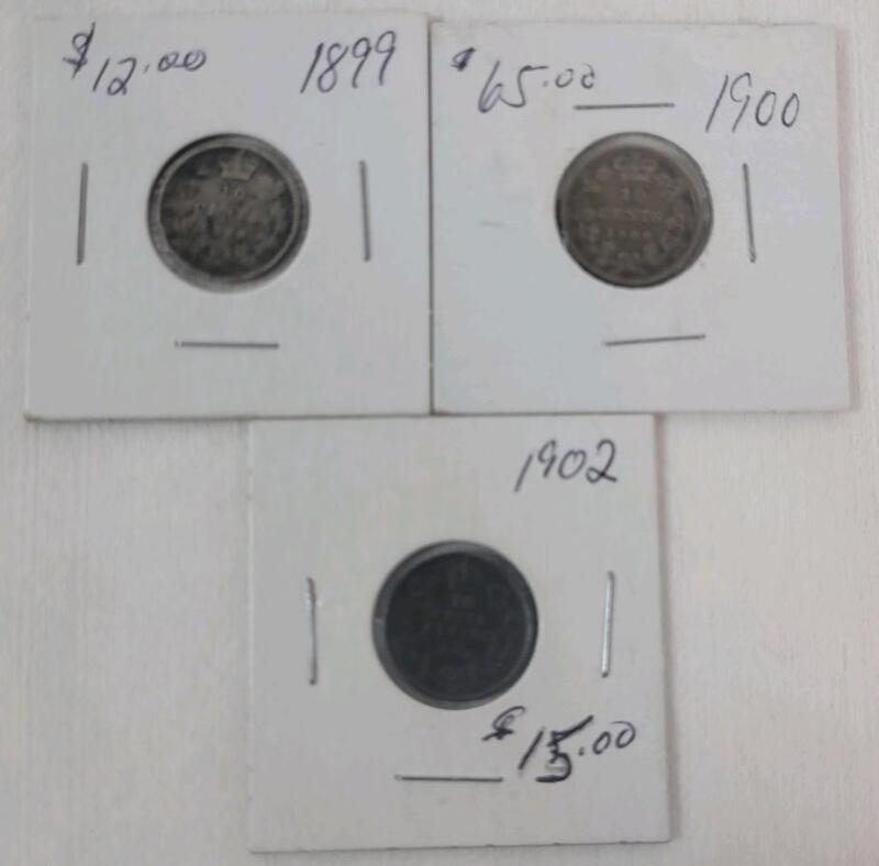 1899 - 1902 Canadian Silver 10 Cent Dimes . 1899 , 1900 & 1902 . Three (3) Coins