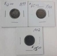 1899 - 1902 Canadian Silver 10 Cent Dimes . 1899 , 1900 & 1902 . Three (3) Coins