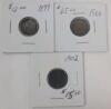 1899 - 1902 Canadian Silver 10 Cent Dimes . 1899 , 1900 & 1902 . Three (3) Coins