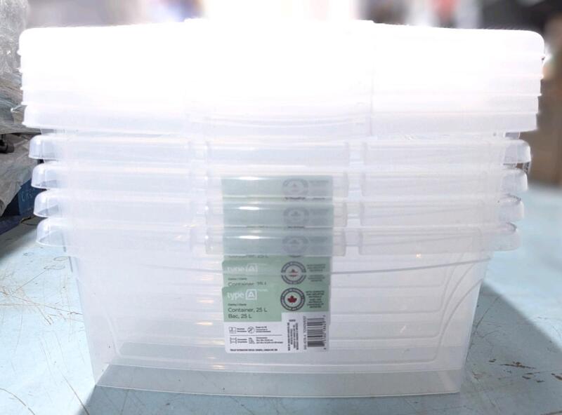 [Damaged Corners] 5 New TYPE A Clarity 25L Storage Containers With 5 Lids, Retail Value $74.95