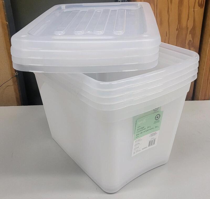 Four (4) New Type-A 39L Transparent Stackable Storage Box with Lid . Retail $40