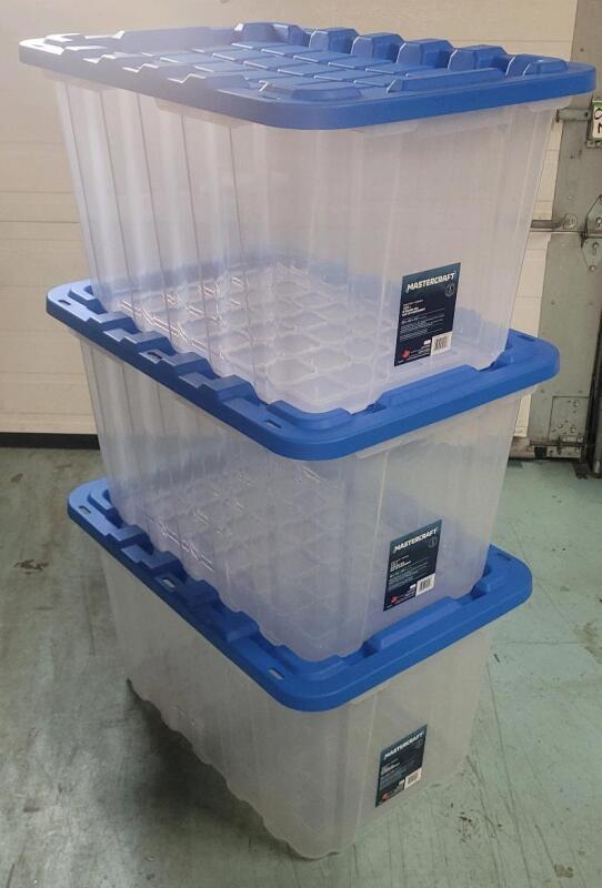 Three (3) New Mastercraft 102L Clear Heavy-Duty Storage Tote with Snap-Lock Lid . Retail $90