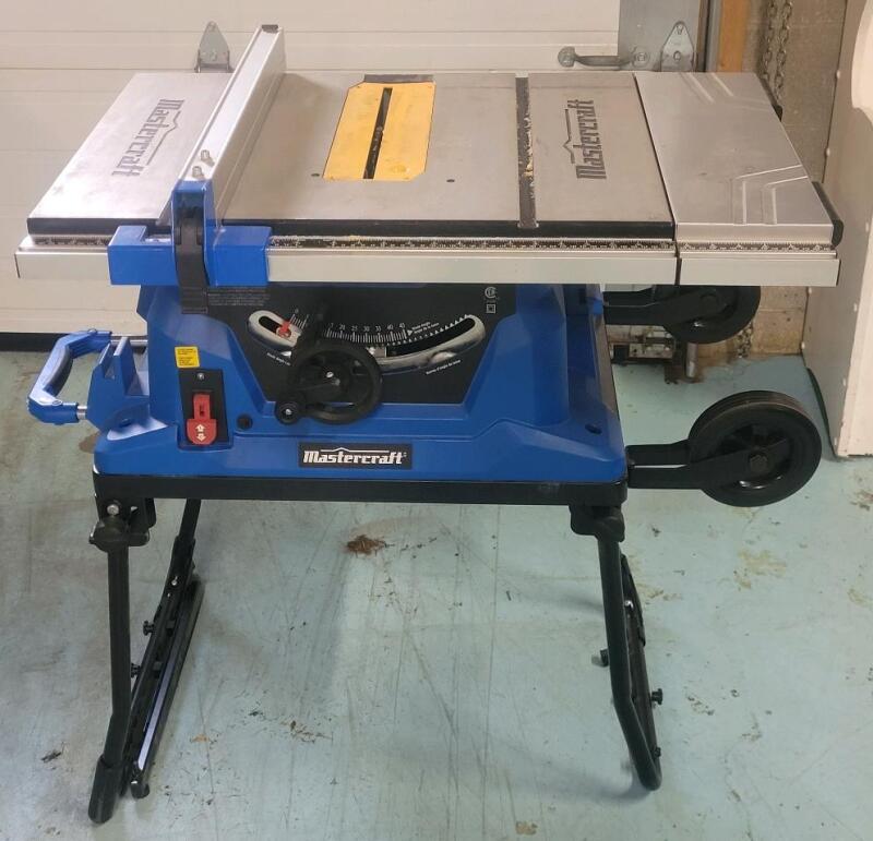 As Is - Mastercraft 10" Table Saw w/Fold N" Roll Stand . Missing Key & Saw Guard . Untested . Minimal Use